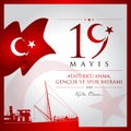 19 May, Commemoration of Ataturk, Youth and Sports Day Turkey celebration card. Royalty Free Stock Photo